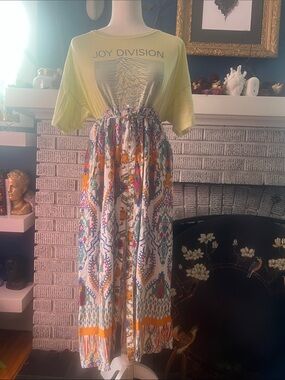 Joy Division Graphic Tee & Colorful Boho Skirt Outfit - Lime, White, Multicolor